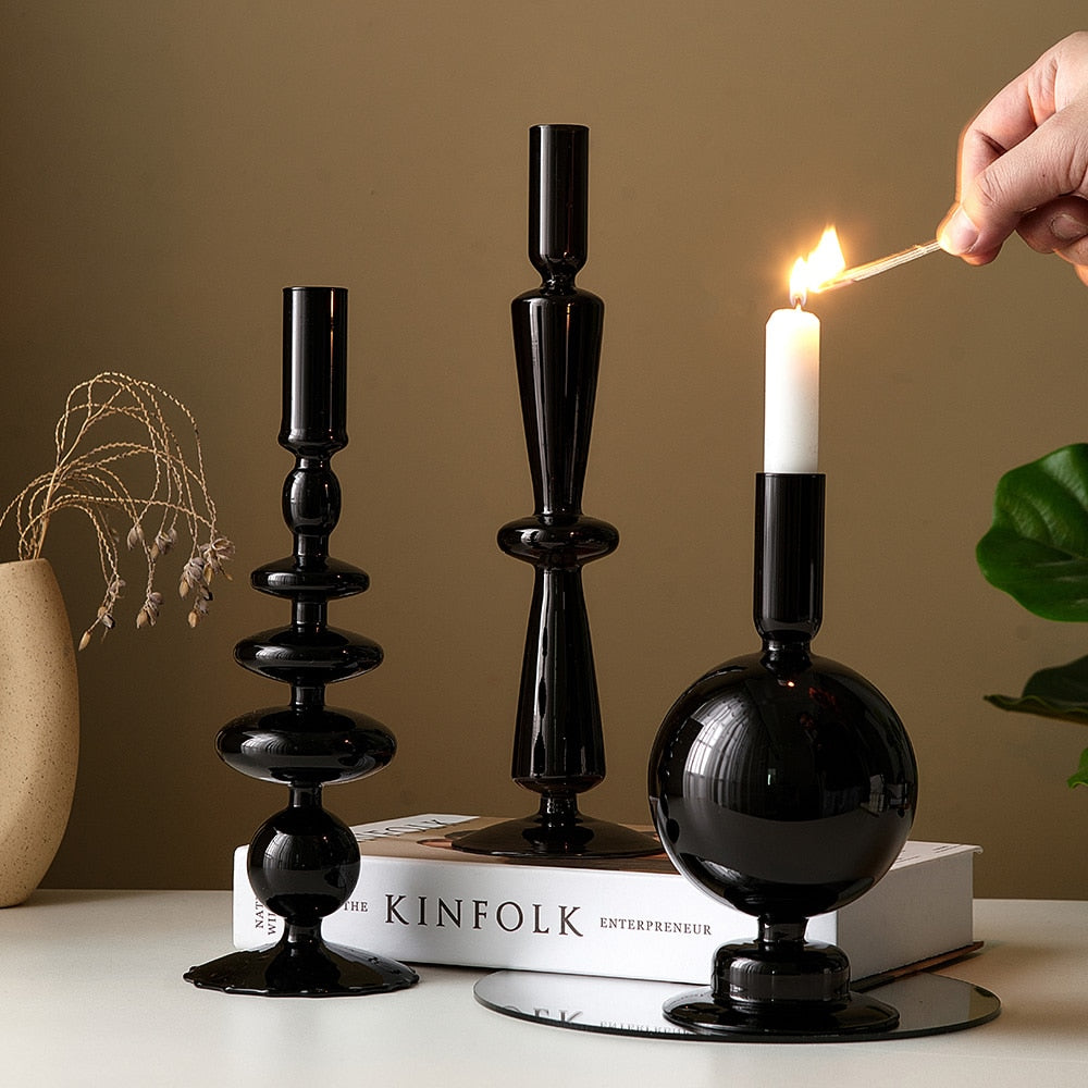 RICA- Black Retro Glass Candle Holders - Andrea's Home